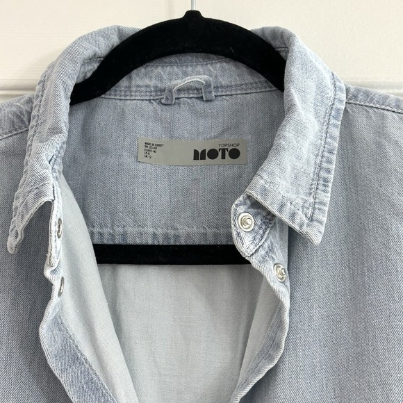 Topshop Blue Ruffle Peplum Hem Denim Shirt Snap Button Long Sleeve Women's 8 - Picture 5 of 8